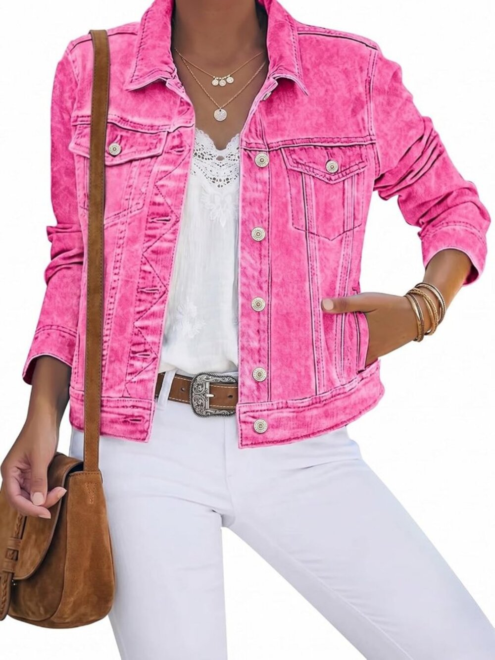 Women's Stretch Fitted Denim Jacket with Long Sleeves & Button Down Closure